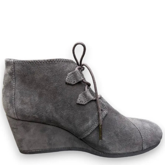 Toms Grey Suede Lace-Up Wedge Heel Ankle Booties - Picture 2 of 12